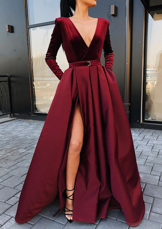 Women Deep V-Neck Prom Dress Long Burgundy Evening Gowns Fashion Formal Party Dress YPD786