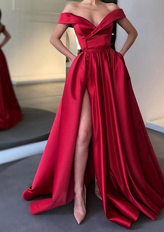 Women High Side Slit Prom Dress Long Off-the-Shoulder Evening Gowns Satin Formal Party Dress YPD814