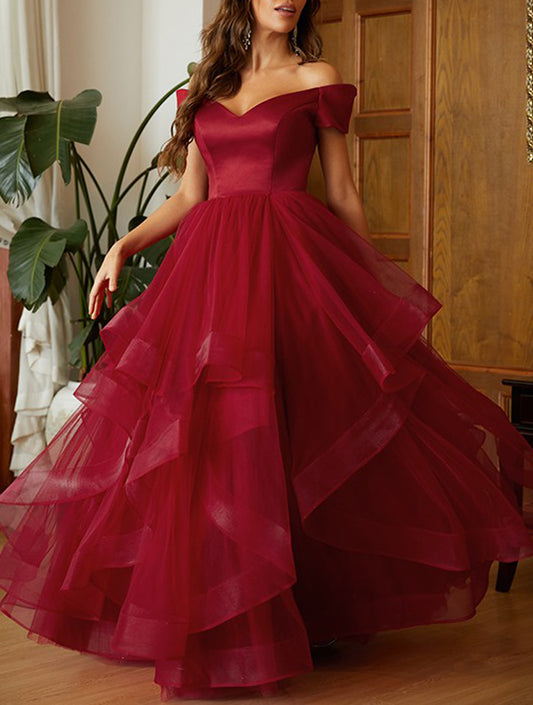 Women Off-the-Shoulder Tulle Prom Dress Long A-Line Evening Gowns Princess Party Dress YPD821