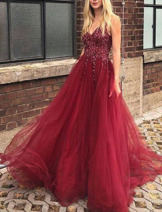 Women Burgundy V-neck Beaded Prom Dresses Long Tulle Backless Evening Party Dress YPD001