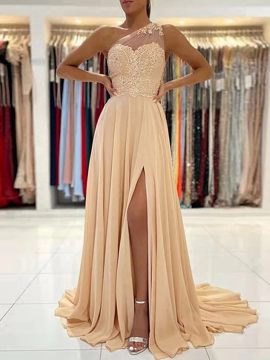Women Side Slit Prom Dress Long One Shoulder Evening Gowns Chiffon Lace Party Dress YPD823