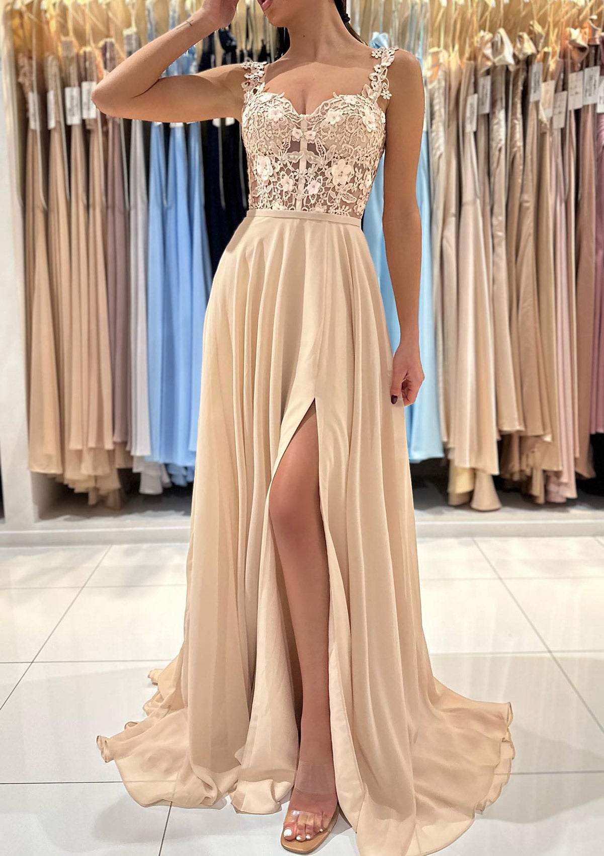 Women Chiffon Prom Dress with Appliques Long Side Slit Evening Gowns Fashion Formal Party Dress YPD763