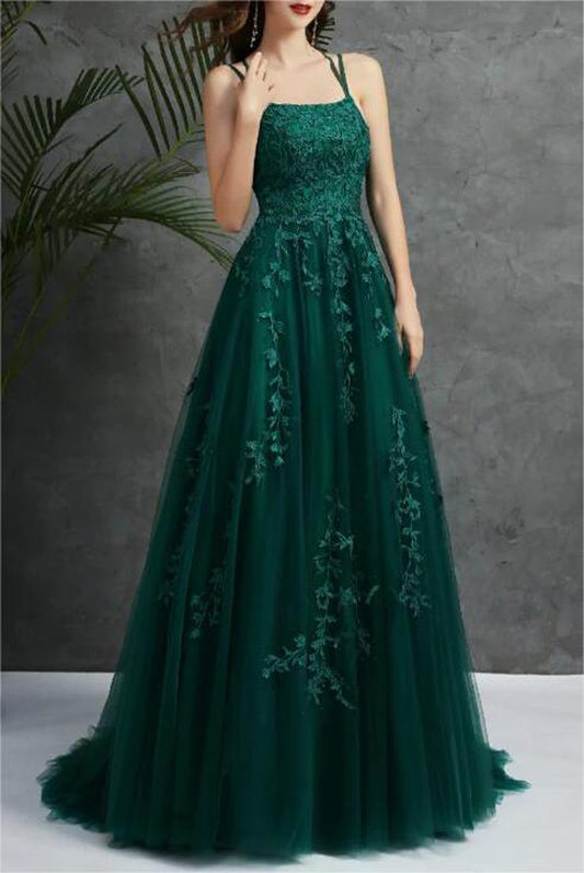 Women Tulle Lace Prom Dress Long Appliques Evening Gowns Spaghetti Straps Formal Party Dress YPD745