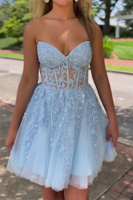 Women Sweetheart Lace Homecoming Dresses Mini Girls Strapless Cocktail Party Gowns YHD319