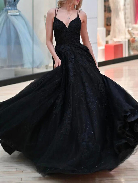 Women V-Neck Lace Prom Dresses Long Appliques Evening Gowns Sleeveless Formal Party Dress YPD682