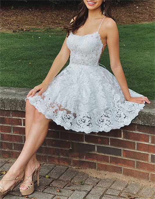 Women A-Line Lace Homecoming Dresses Mini Girls Backless Appliques Cocktail Party Gowns YHD321
