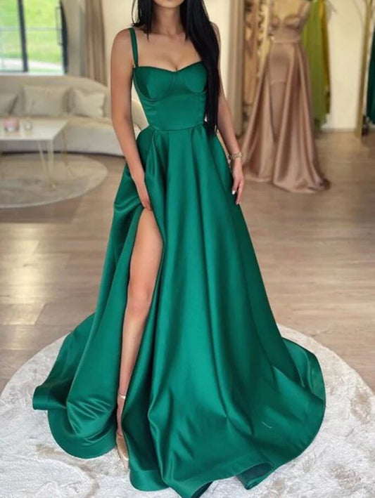 Women A-Line Satin Prom Dresses Long High Slit Evening Gowns Sleeveless Formal Party Dress YPD673