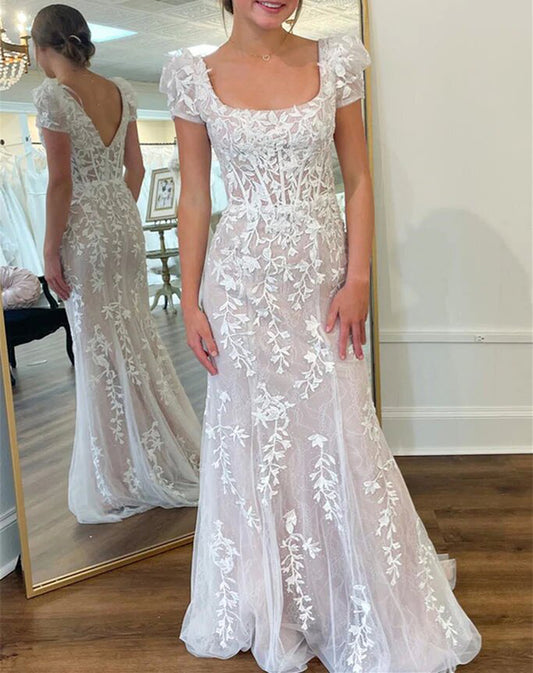 Women Cap Sleeves Lace Prom Dresses Long Appliques Evening Gowns Sleeveless Formal Party Dress YPD681