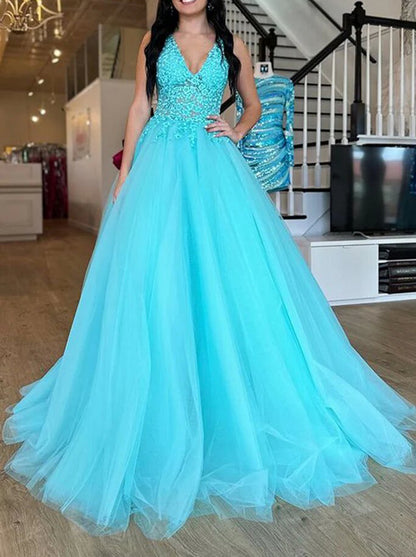 Women V-Neck Lace Prom Dresses Long Backless Appliques Evening Gowns Sleeveless Formal Party Dress YPD678