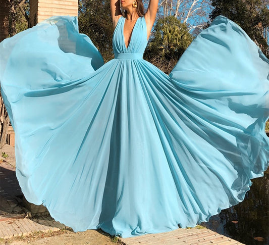 Women Chiffon Prom Dresses Long V-Neck Evening Party Dress YPD083