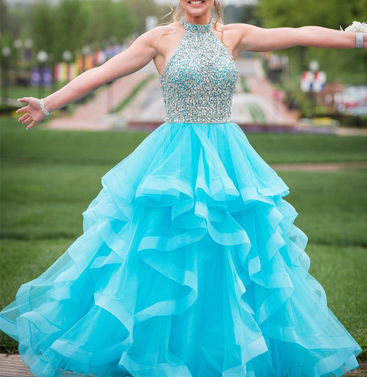 Women Beads Prom Dresses Long Open Back Evening Party Dress YPD084