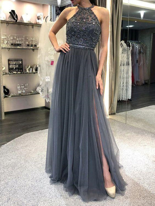 Women Beads Prom Dresses Long Side Slit Evening Party Dress YPD161