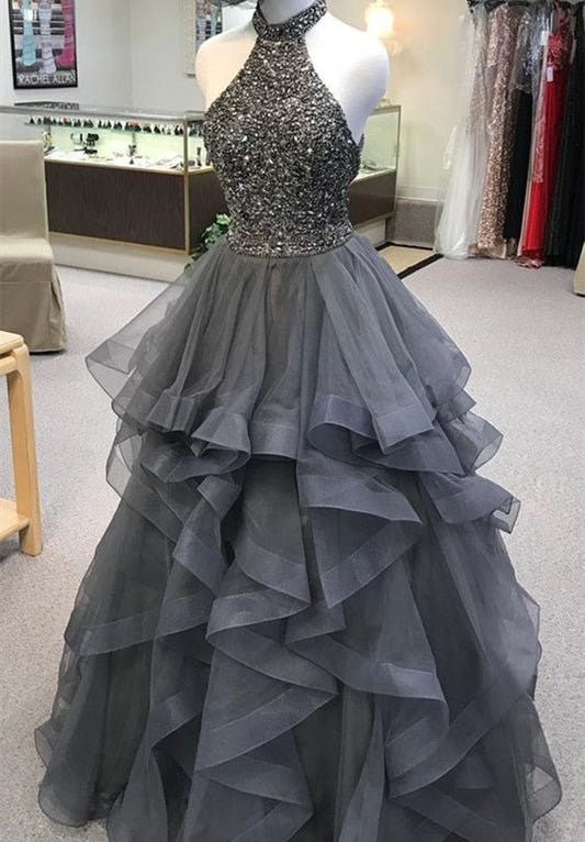 Women Beads Prom Dresses Long Halter Evening Party Dress YPD087
