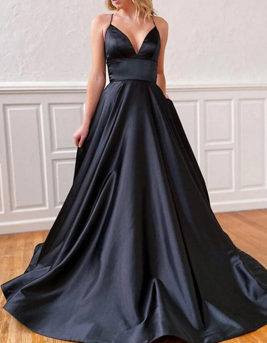 Women Satin Prom Dresses Long V-Neck Evening Gowns Formal Party Dress YPD522