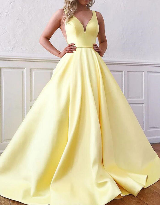 Women Satin Prom Dresses Long V-Neck Evening Gowns Formal Party Dress YPD525