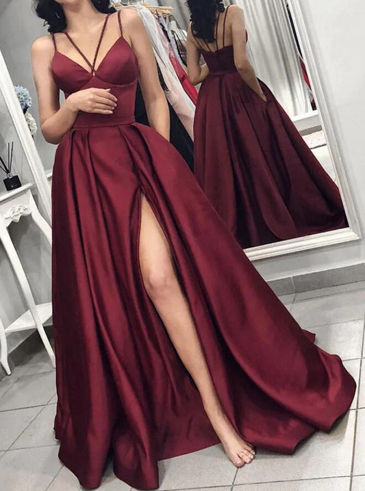 Women Satin Prom Dresses Long Side Split Evening Gowns Formal Party Dress YPD517