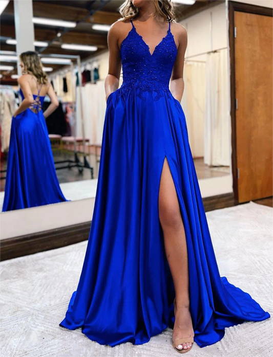 Women Satin Lace Prom Dresses Long V-Neck Evening Gowns Formal Party Dress YPD484