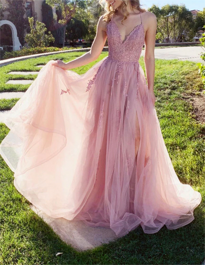 Women V-Neck Lace Prom Dresses Long Side Split Evening Gowns Formal Party Dress YPD479
