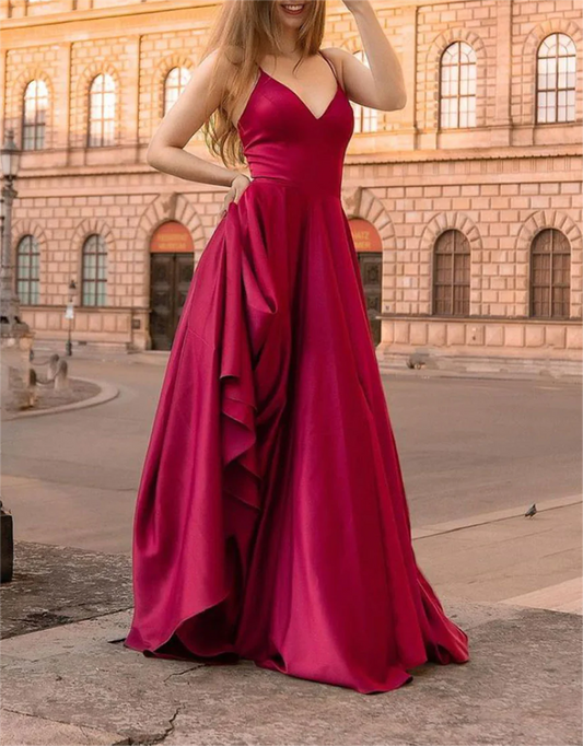 Women Satin Prom Dresses Long V-Neck Evening Gowns Formal Party Dress YPD475