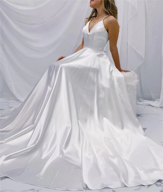 Women Satin Prom Dresses Long V-Neck Evening Gowns Formal Party Dress YPD496