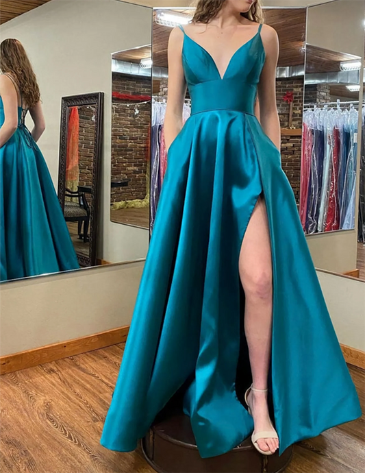Women Satin Slit Prom Dresses Long V-Neck Evening Gowns Formal Party Dress YPD546