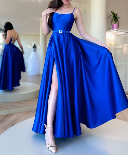 Women Satin Prom Dresses Long Blue Evening Gowns Formal Party Dress YPD474
