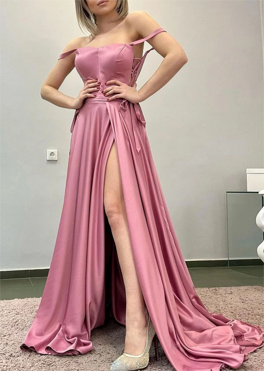 Women Satin Prom Dresses Long Side Split Evening Gowns Formal Party Dress YPD494