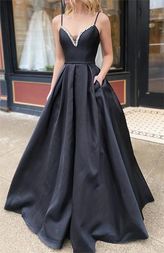 Women Satin Beads Prom Dresses Long V-Neck Evening Gowns Formal Party Dress YPD542