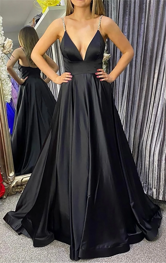 Women Satin Beads Prom Dresses Long V-Neck Evening Gowns Formal Party Dress YPD543