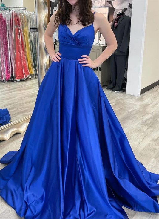 Women Satin Prom Dresses Long V-Neck Evening Gowns Formal Party Dress YPD490