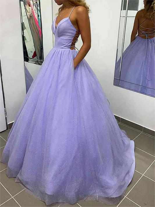 Women Spaghetti Straps Prom Dresses Long V-Neck Evening Gowns Formal Party Dress YPD555