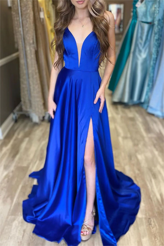 Women V-Neck Prom Dresses Long Side Split Evening Gowns Formal Party Dress YPD480
