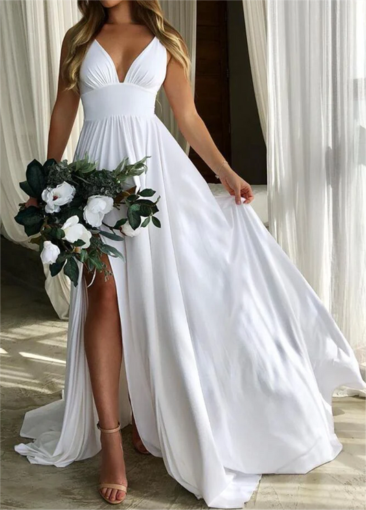 Women V-Neck Beach Wedding Dresses Long Side Slit Bridal Gowns YWD111