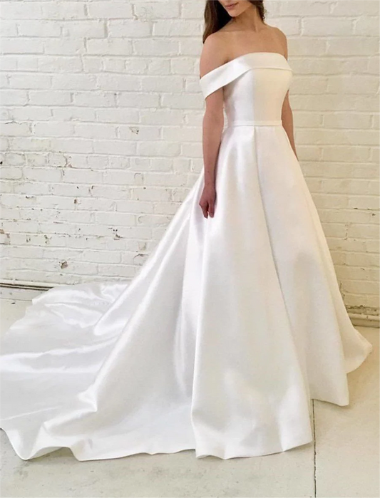 Women Off Shoulder Wedding Dresses Long Satin Bridal Gowns YWD112