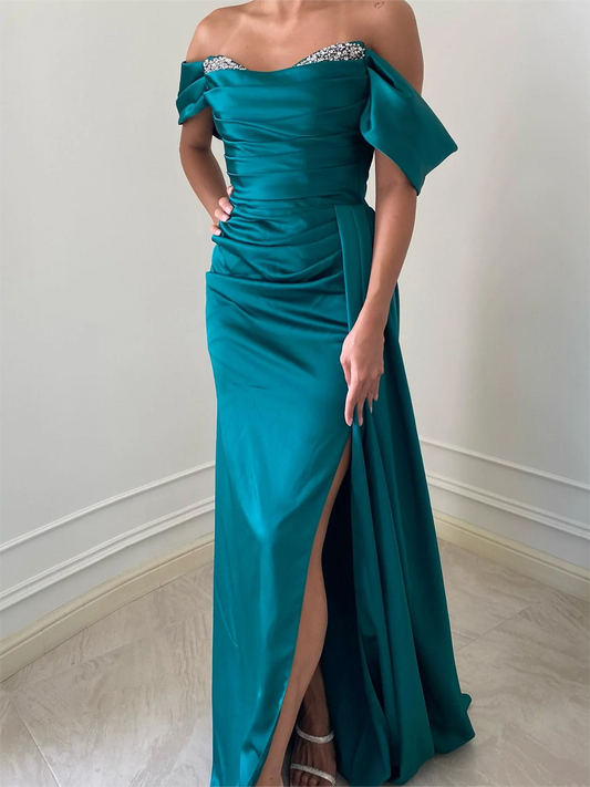 Women Off-The-Shoulder Prom Dresses Long Side Slit Evening Gowns Beaded Formal Party Dress YPD731