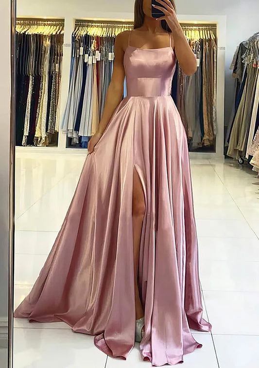 Women Spaghetti Straps Prom Dress Long Side Slit Evening Gowns Fashion Open Back Formal Party Dress YPD760