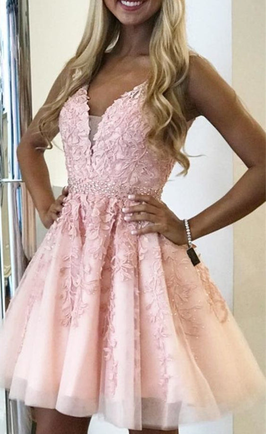 Women V-Neck Prom Dresses Short Cocktail Gowns Girls Lace Homecoming Dresses Short Graduation Dress YHD117