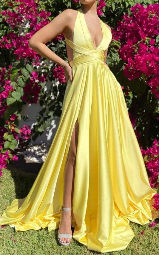 Women A-Line Satin Prom Dresses Long Slit V-Neck Evening Gowns Sleeveless Formal Party Dress YPD615