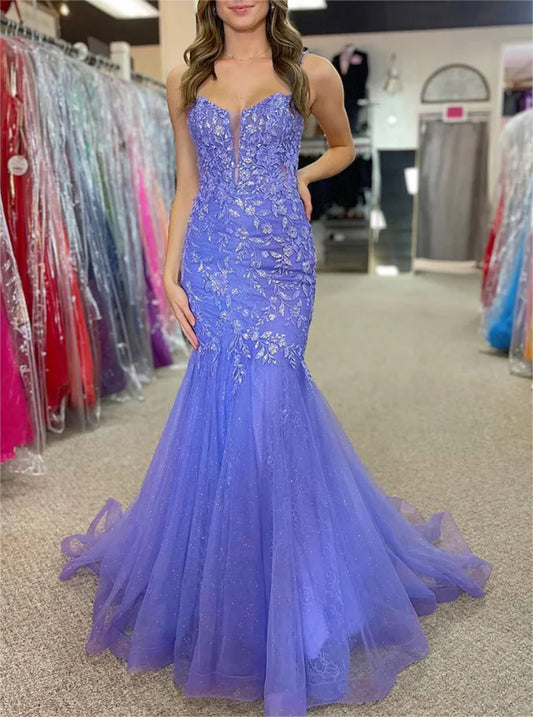 Women Mermaid Lace Prom Dresses Long Spaghetti Straps Appliques Evening Gowns Sleeveless Formal Party Dress YPD628