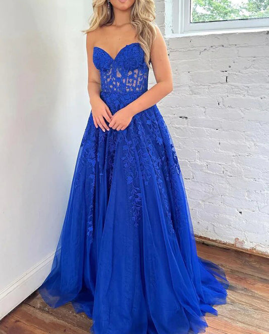 Women A-Line Lace Prom Dresses Long Strapless Appliques Evening Gowns Sleeveless Formal Party Dress YPD674
