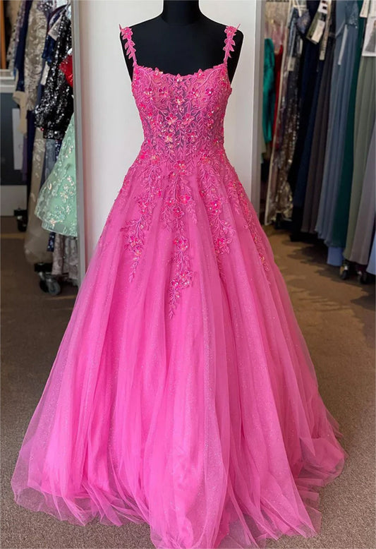 Women A-Line Lace Prom Dresses Long Straps Appliques Evening Gowns Sleeveless Formal Party Dress YPD635
