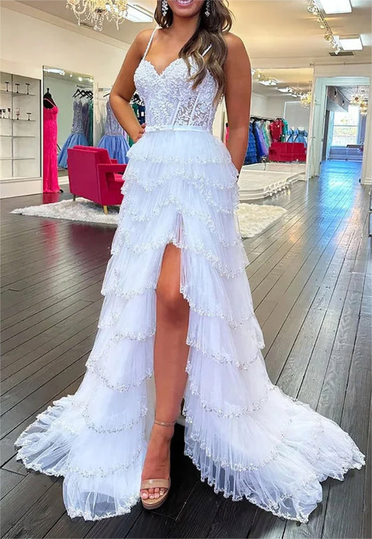 Women A-Line Lace Prom Dresses Long Appliques Slit Evening Gowns Sleeveless Formal Party Dress YPD618