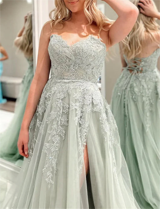 Women A-Line Slit Lace Prom Dresses Long Strapless Appliques Evening Gowns Sleeveless Formal Party Dress YPD663