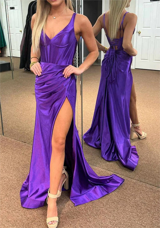 Women Mermaid Satin Prom Dresses Long V Neck Split Evening Gowns Sleeveless Formal Party Dress YPD645
