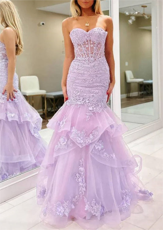 Women Mermaid Lace Prom Dresses Long Appliques Evening Gowns Sleeveless Formal Party Dress YPD600