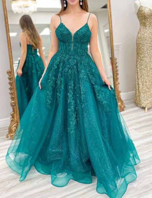 Women A-Line Lace Prom Dresses Long V-Neck Appliques Evening Gowns Sleeveless Formal Party Dress YPD671