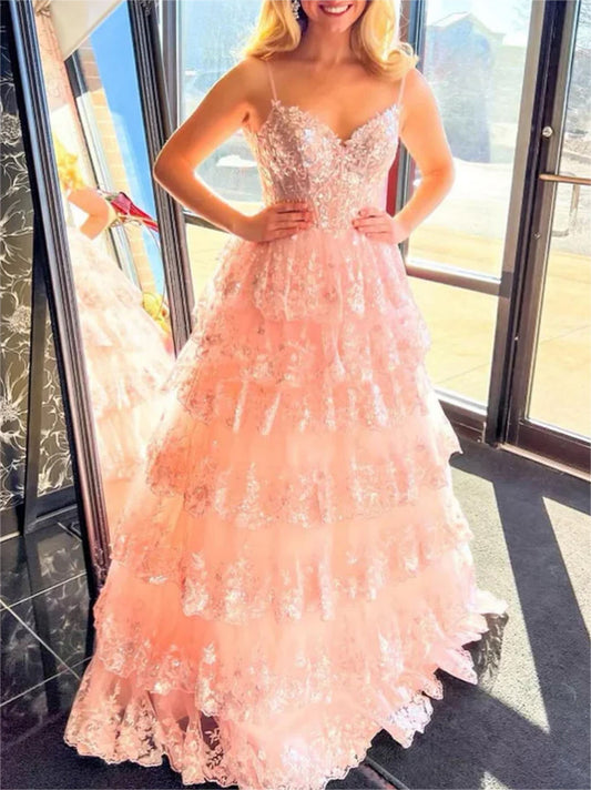 Women A-Line Lace Prom Dresses Long V-Neck Appliques Evening Gowns Sleeveless Formal Party Dress YPD605