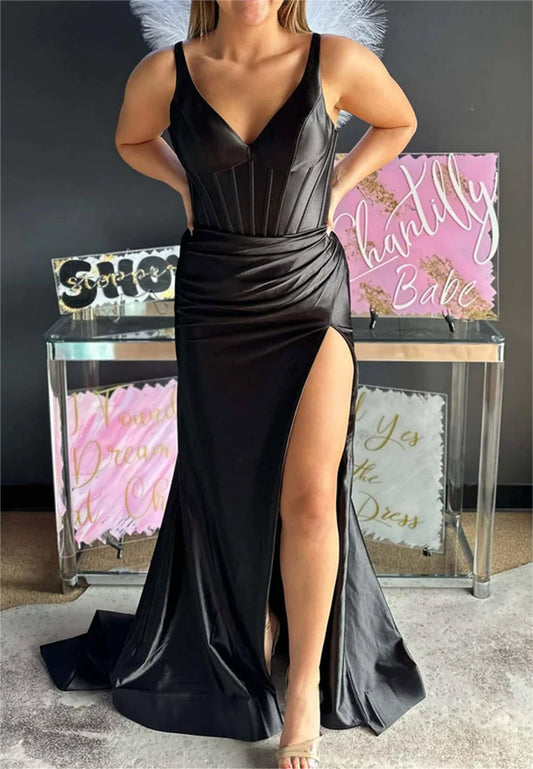 Women Mermaid Satin Prom Dresses Long V Neck Split Evening Gowns Sleeveless Formal Party Dress YPD646