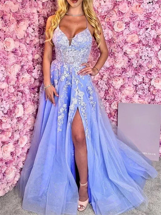 Women A-Line Slit Lace Prom Dresses Long V Neck Appliques Evening Gowns Sleeveless Formal Party Dress YPD644