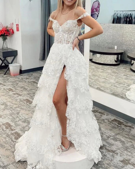 Women A-Line Slit Lace Prom Dresses Long Off Shoulder Appliques Evening Gowns Sleeveless Formal Party Dress YPD667